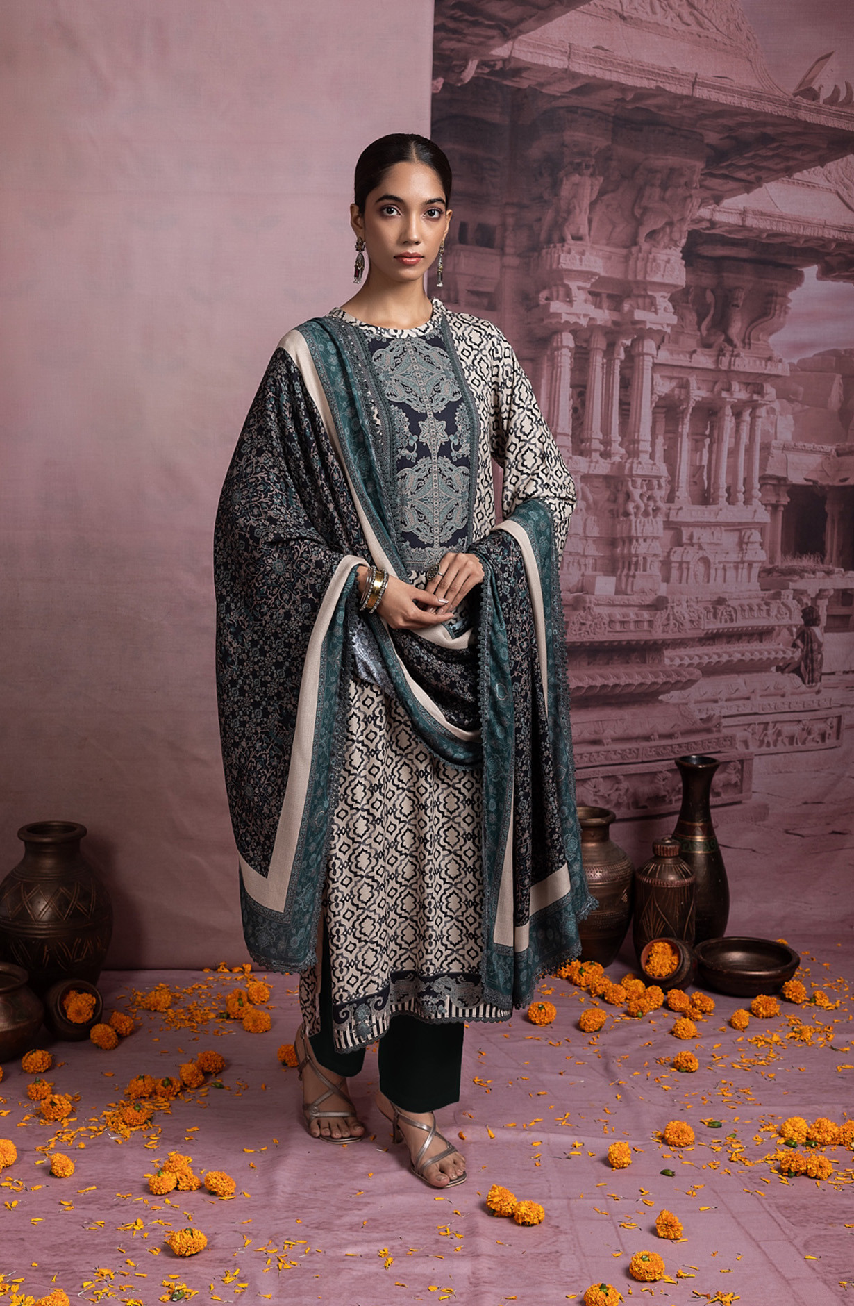 Green Pashmina Digital Printed Suit with Dupatta - FAS2035B