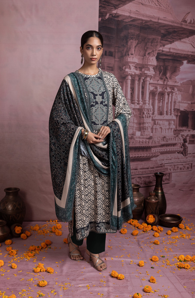Image of Green Pashmina Digital Printed Suit with Dupatta - FAS2035B