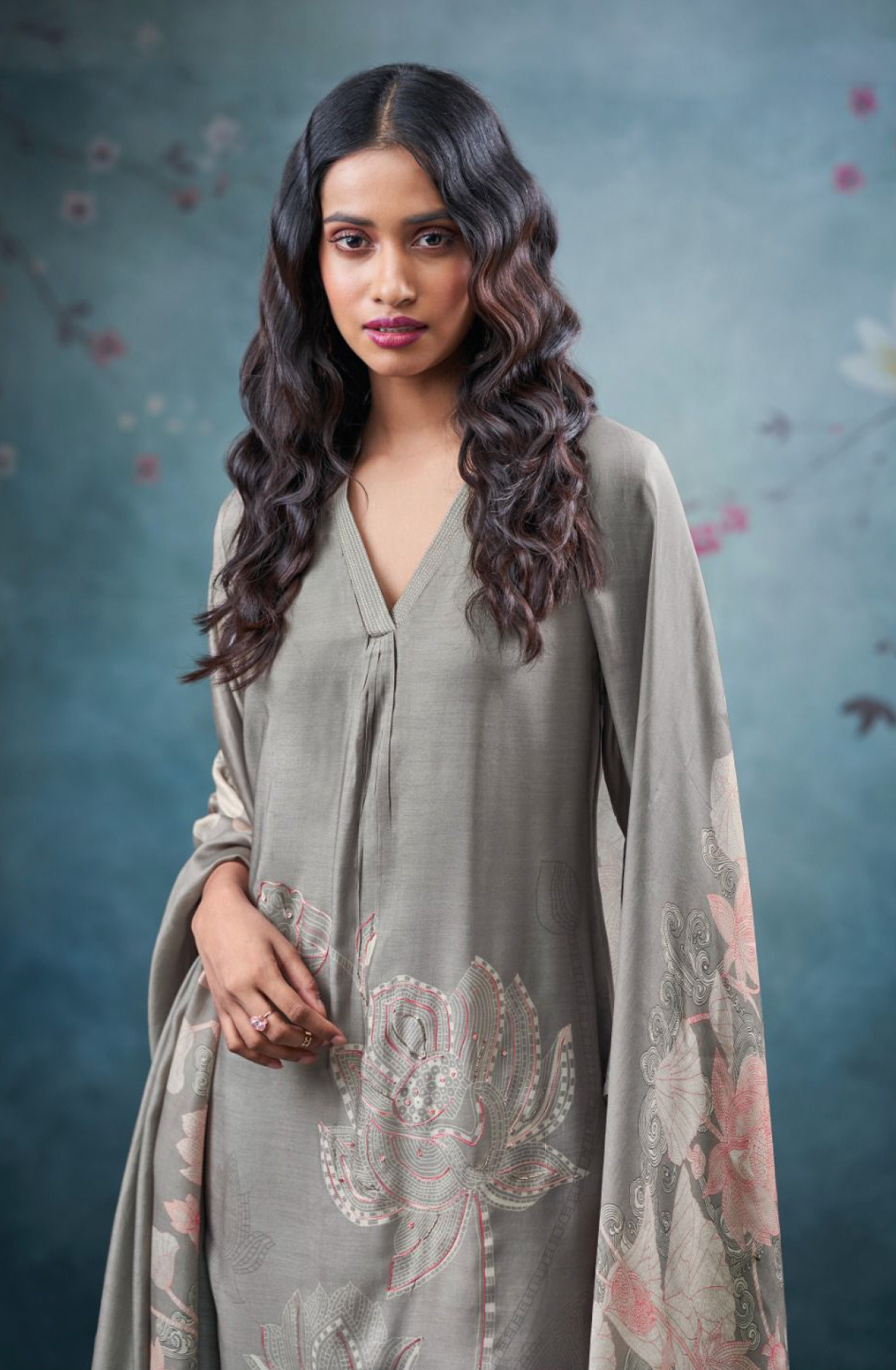 Grey Pure bemberg silk Suit Set with Dupatta- QIR3665A
