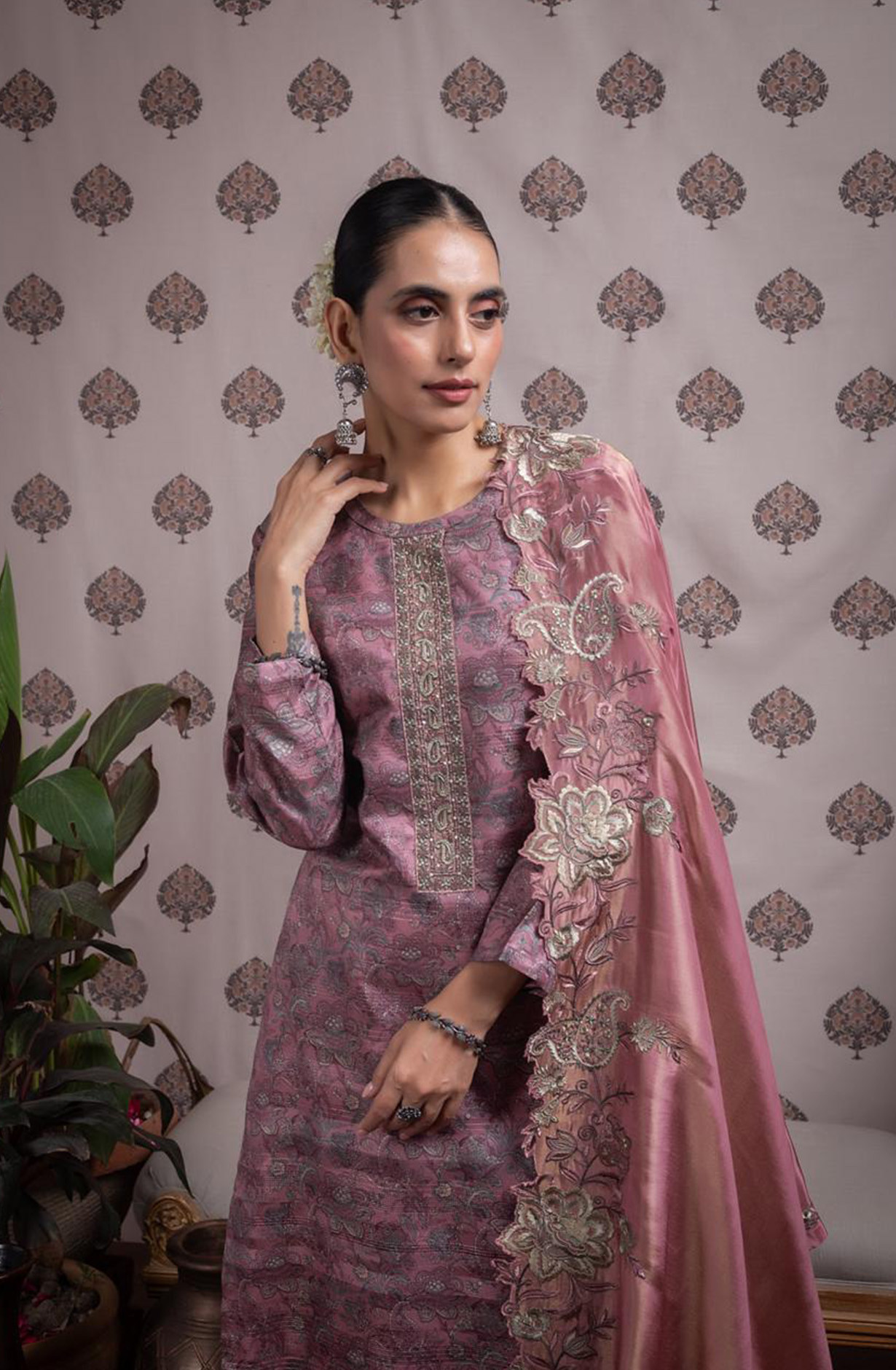 Mauve Silk Digital Prints Suit with Tissue Silk Dupatta - VID2102A