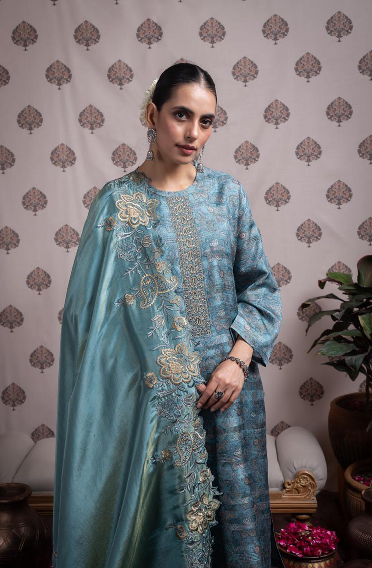 Green Silk Digital Prints Suit with Tissue Silk Dupatta - VID2102B