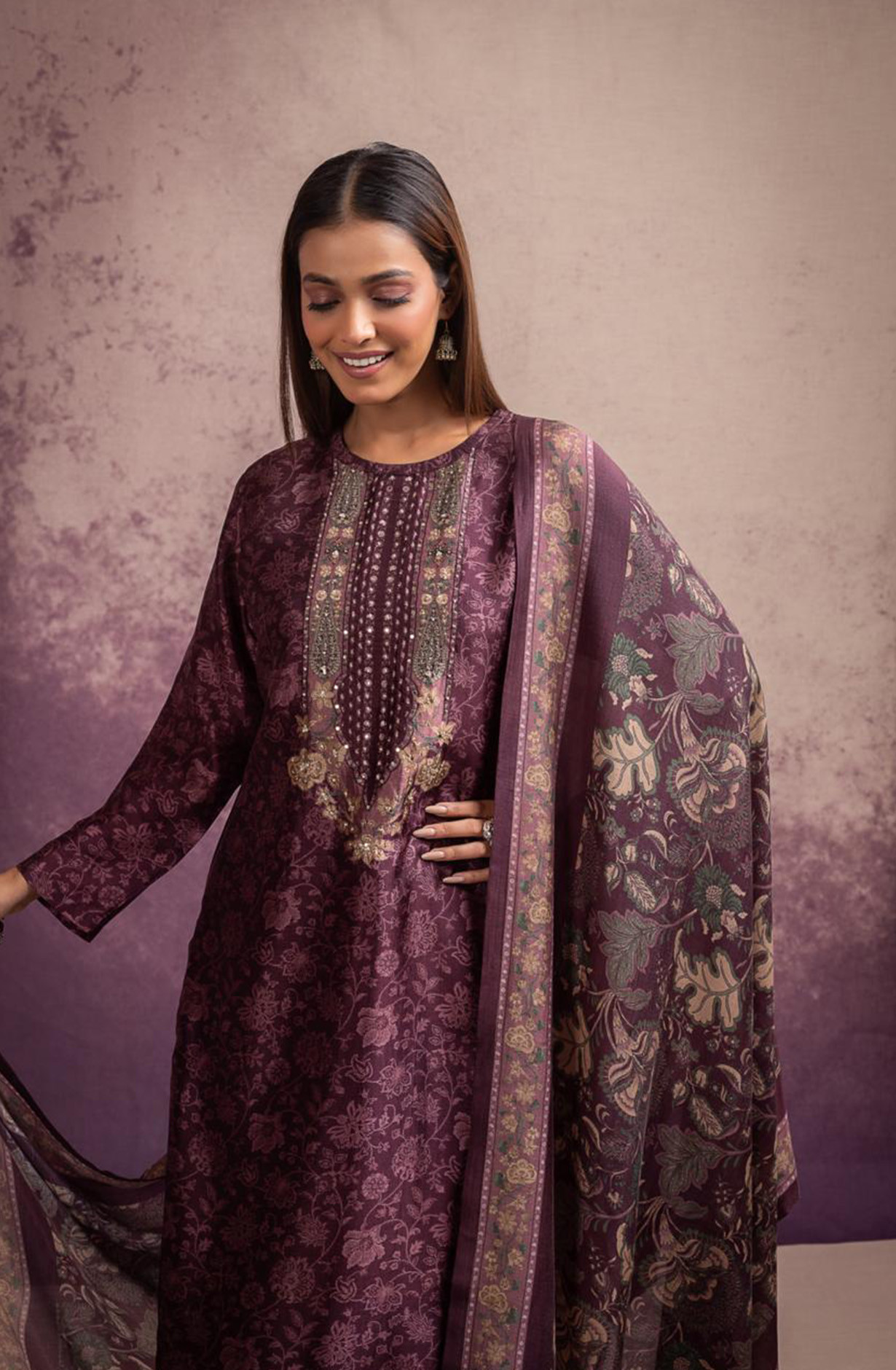 Wine Silk Digital Prints Suit with Pure Silk Dupatta - TOS2114B