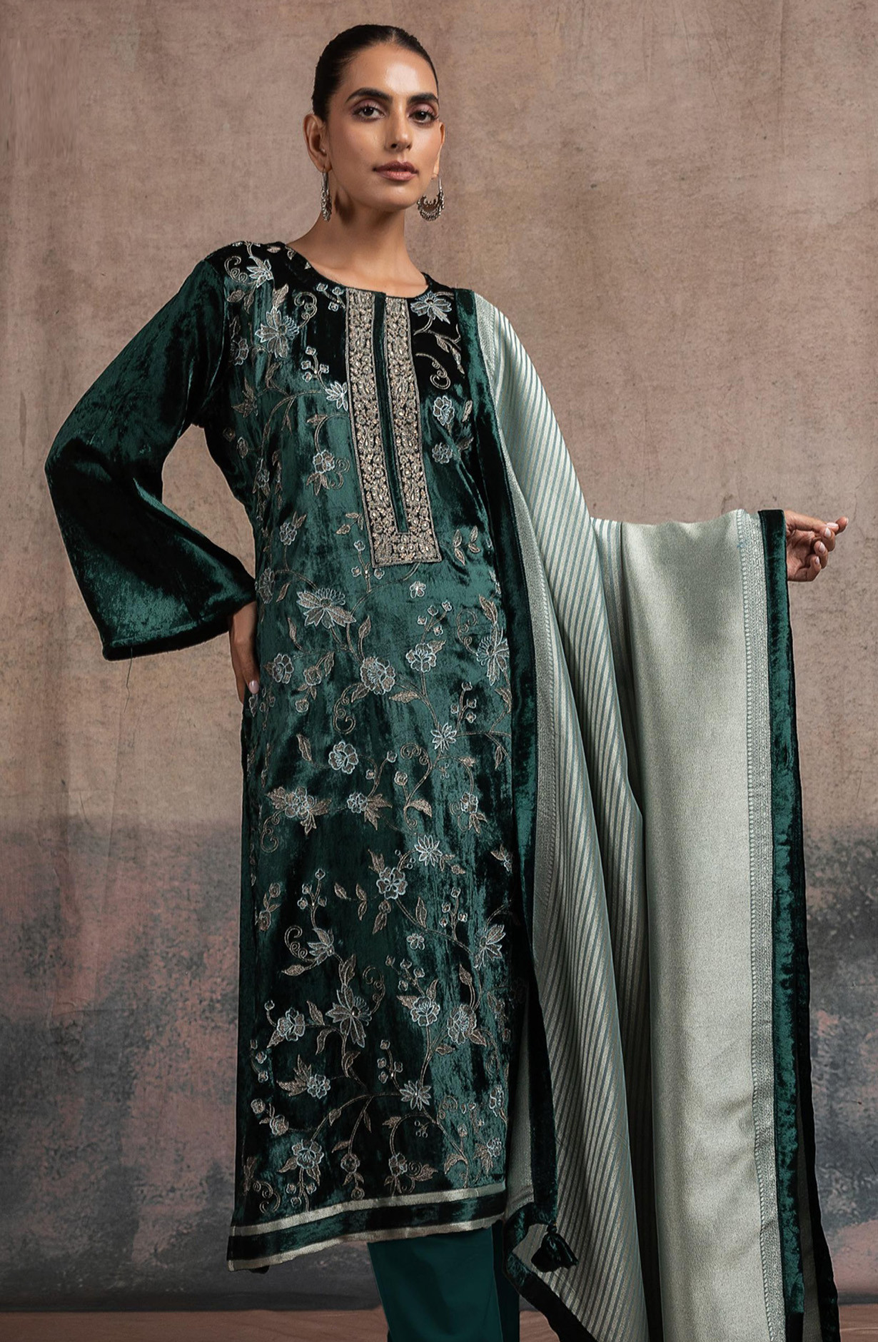 Bottle Green Velvet Suit Set with Silk Jacquard Dupatta - R157-SPR2522A