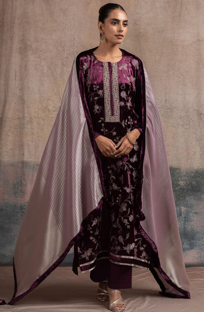 Image of Wine Velvet Suit Set with Silk Jacquard Dupatta - R157-SPR2522B
