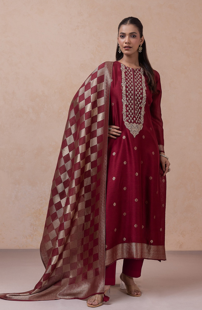 Image of Mehroon Jacquard Silk Suit Set with Dupatta - R157-SPR2803A