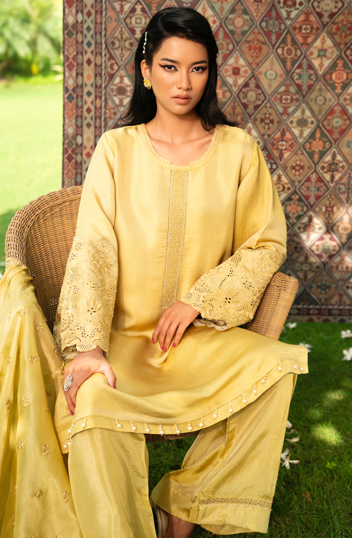 Yellow Silk Jacquard Suit Set with Tissue Dupatta - ITSST2001B