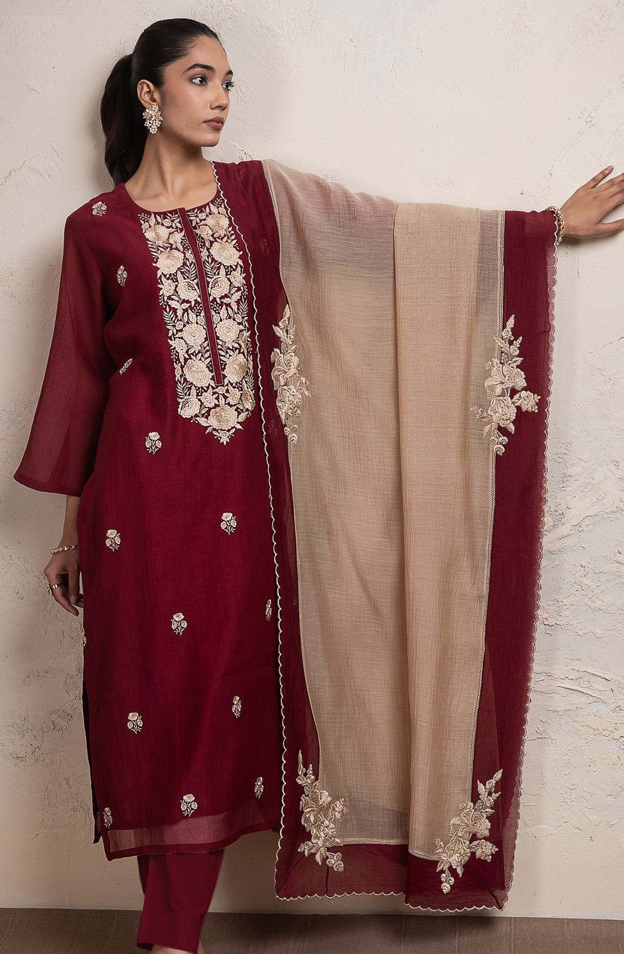 Maroon Pure mul chanderi embroidered Suit Set with Dupatta - R157-SPR2704