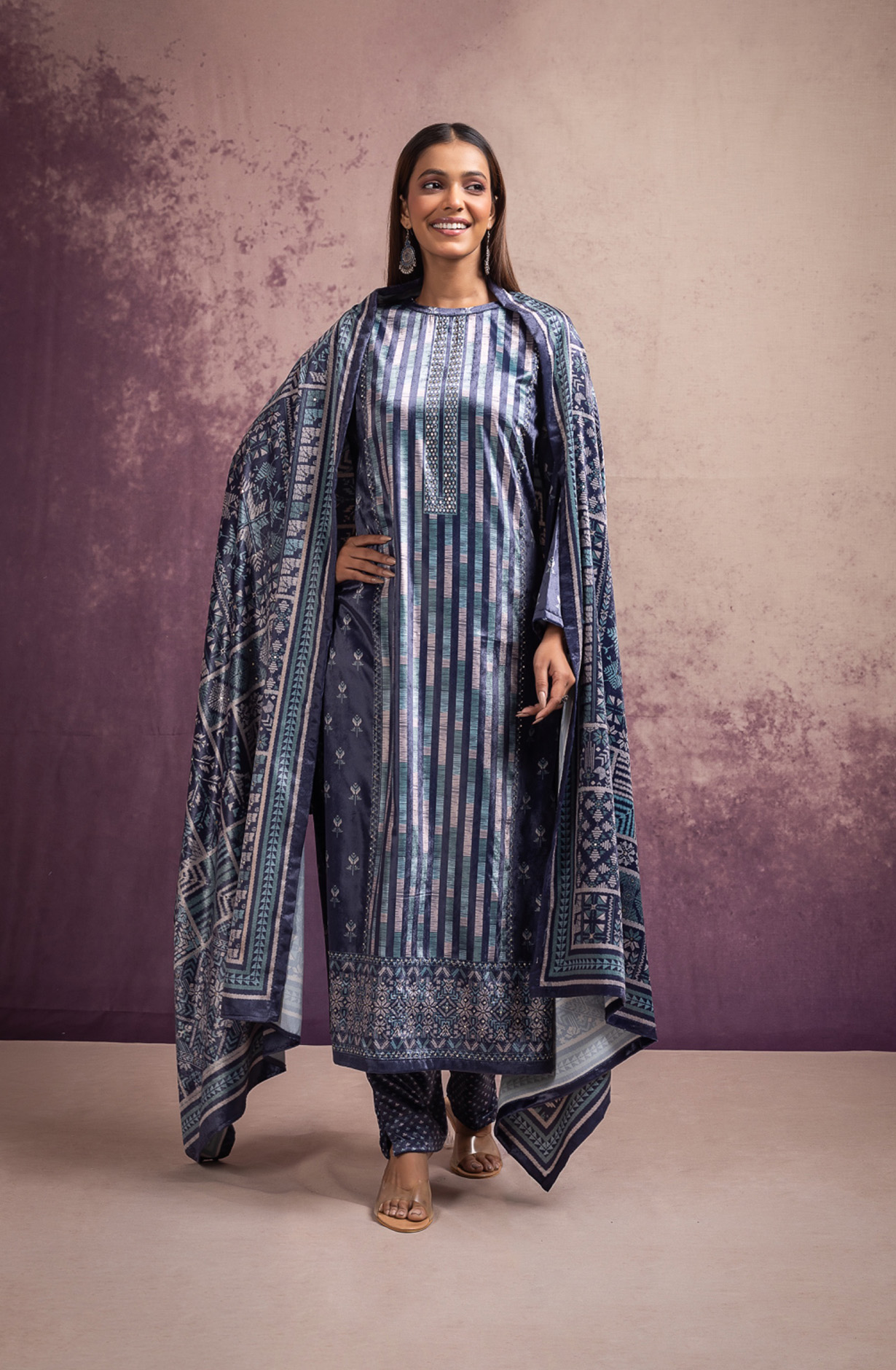 Blue Velvet Suit Set with Velvet Silk Dupatta - DAR2113A