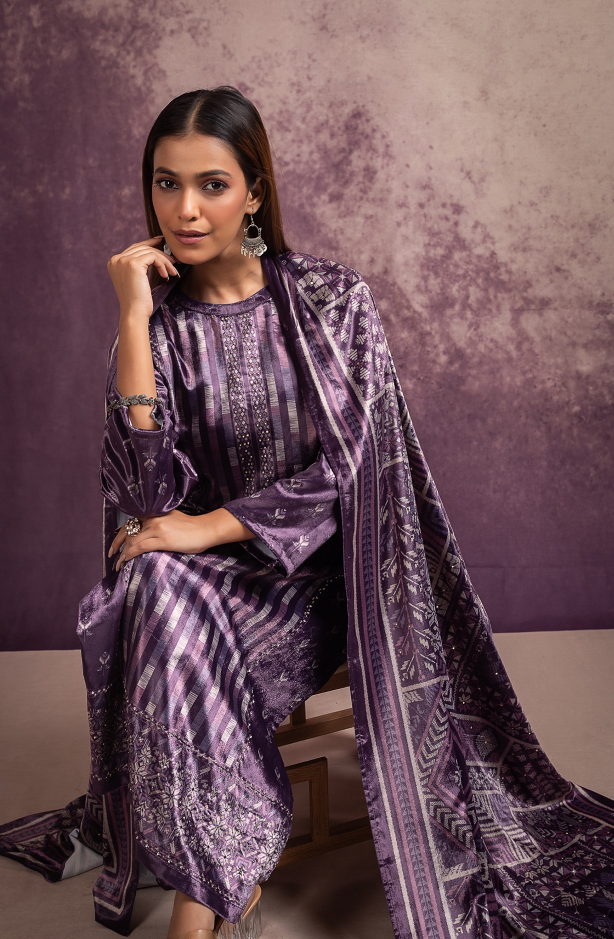 Purple Velvet Suit Set with Velvet Silk Dupatta - DAR2113B