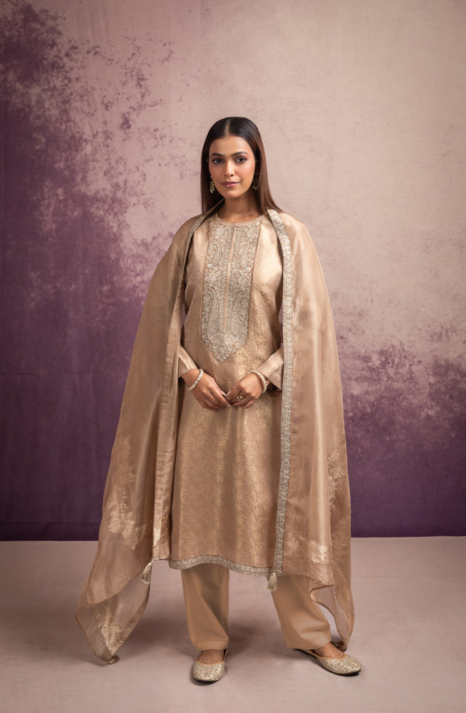 Image of Beige Pure Silk Jacquard Suit Set with Dupatta - MIS2110B