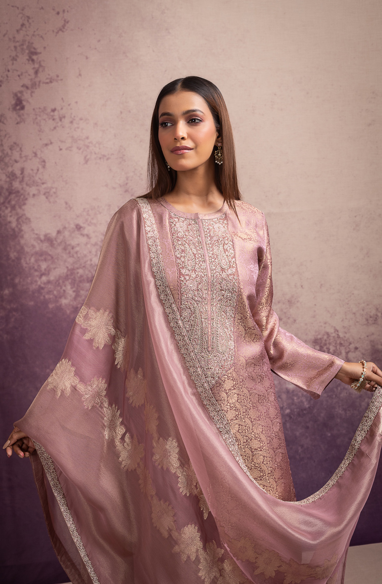 Pink Pure Silk Jacquard Suit Set with Dupatta - MIS2110A
