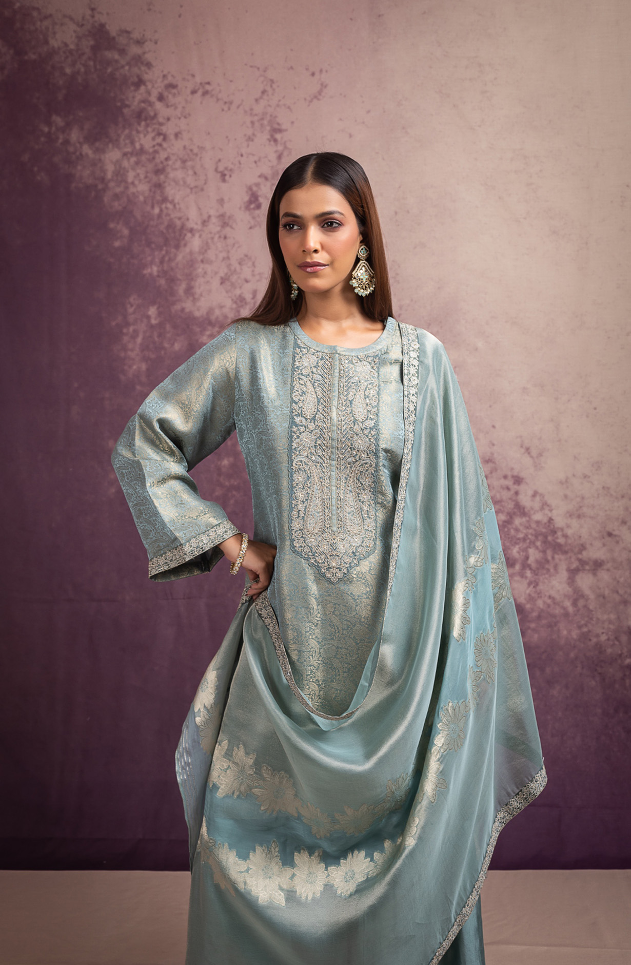 Blue Pure Silk Jacquard Suit Set with Dupatta - MIS2110C