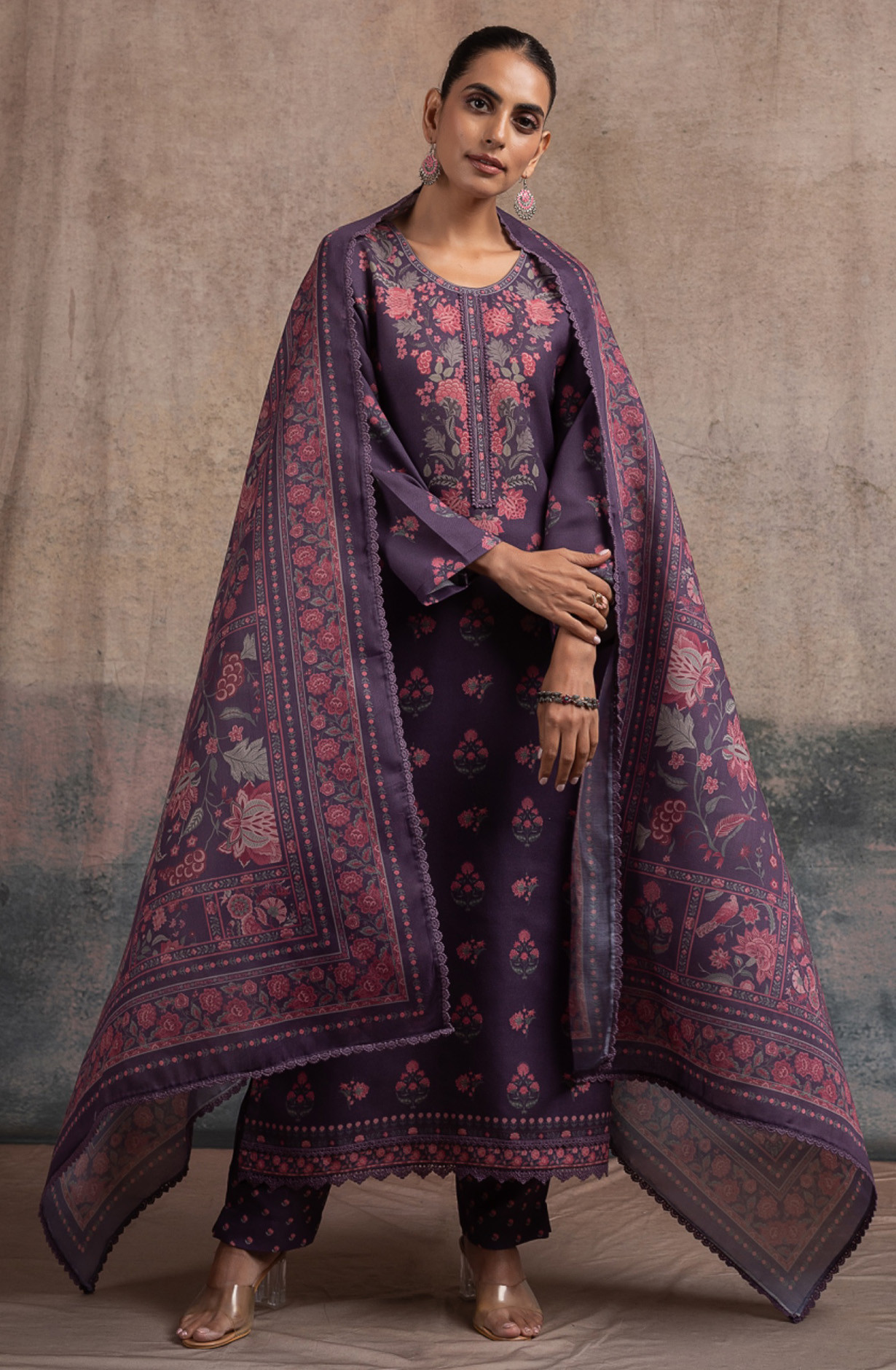 Purple Pashmina Suit set with Pashmina Dupatta- SUF2136A
