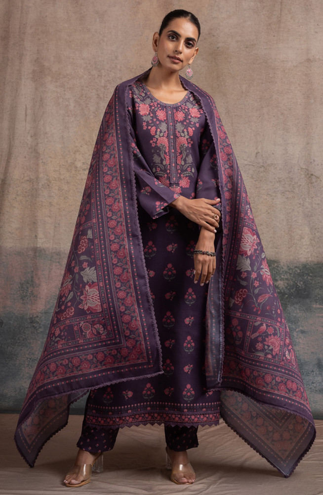 Image of Purple Pashmina Suit set with Pashmina Dupatta- SUF2136A