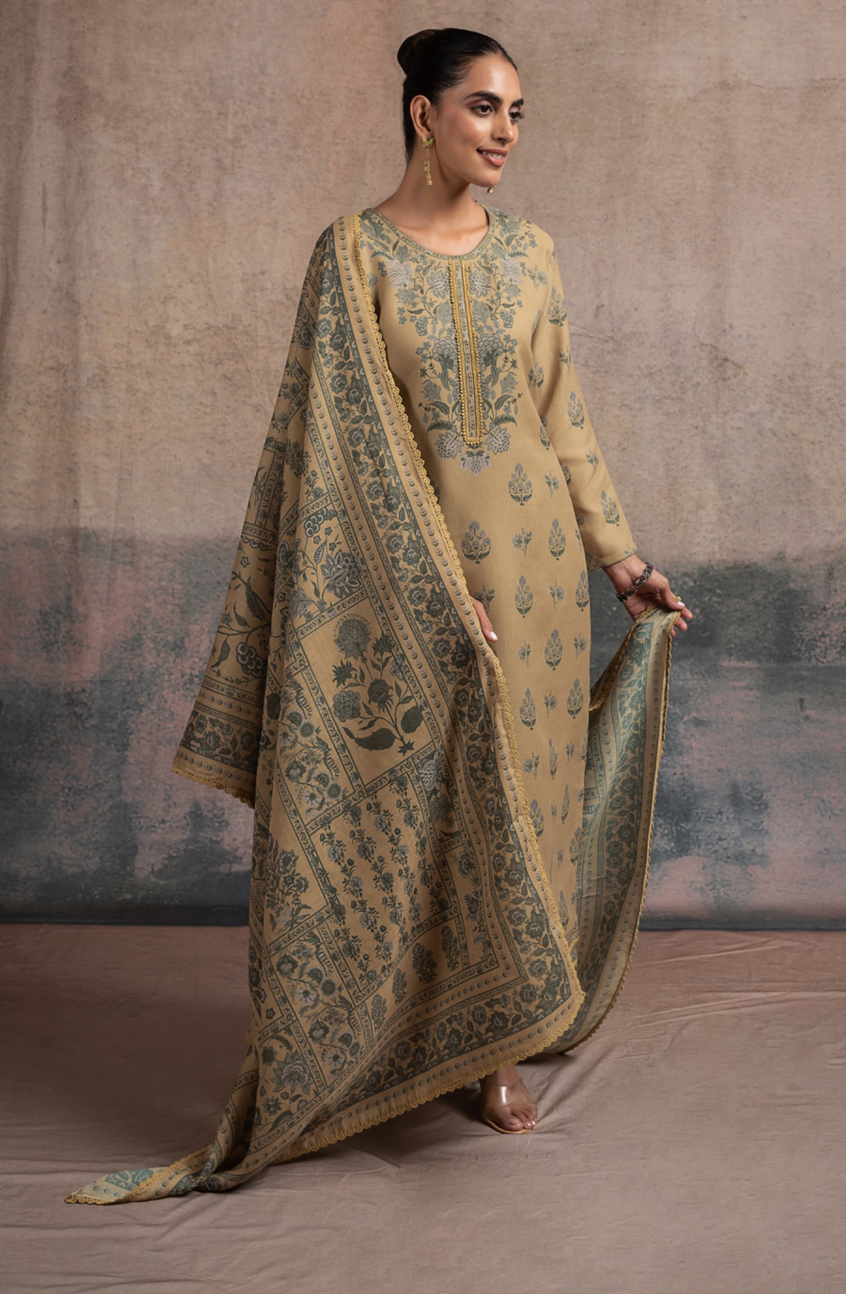 Mustard Pashmina Suit set with Pashmina Dupatta- SUF2136C