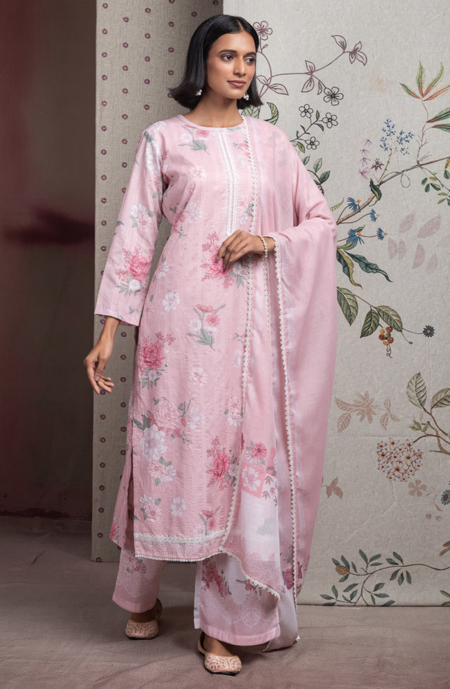 Image of Pink Cotton Modal Digital Printed Unstitched Suit Set with Dupatta - GULNSP103D