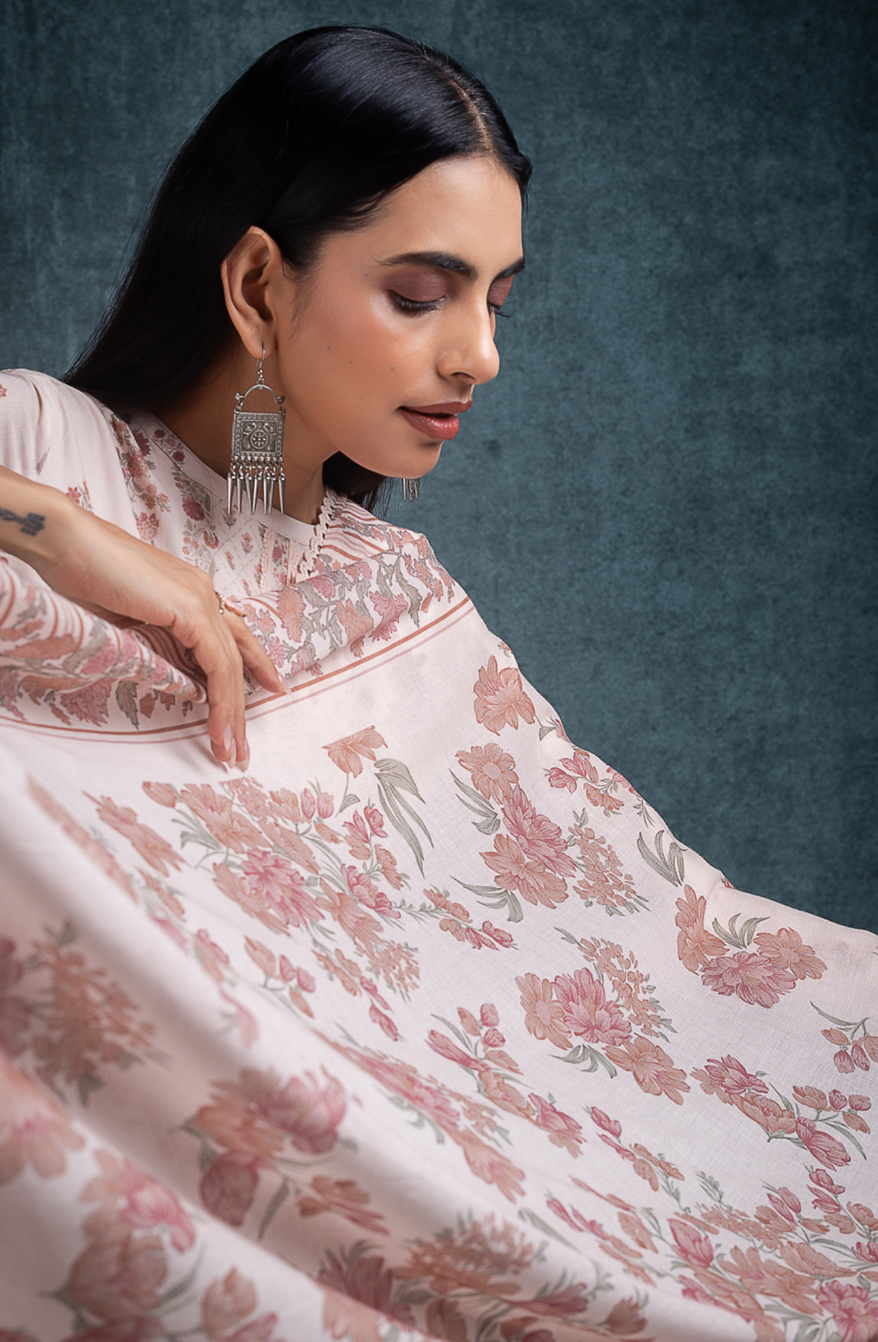 Peach Pure cotton lawn Unstitched Suit Set with Dupatta - SANNT185B