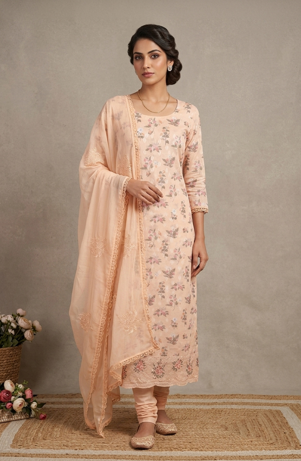 Peach Pure Cotton Jacquard Unstitched Suit Set with Beautiful Dupatta - 245-SUMCOT1502-3