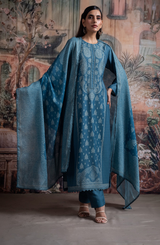 Image of Blue Pashmina Suit set with Pashmina Dupatta- SHA2097B