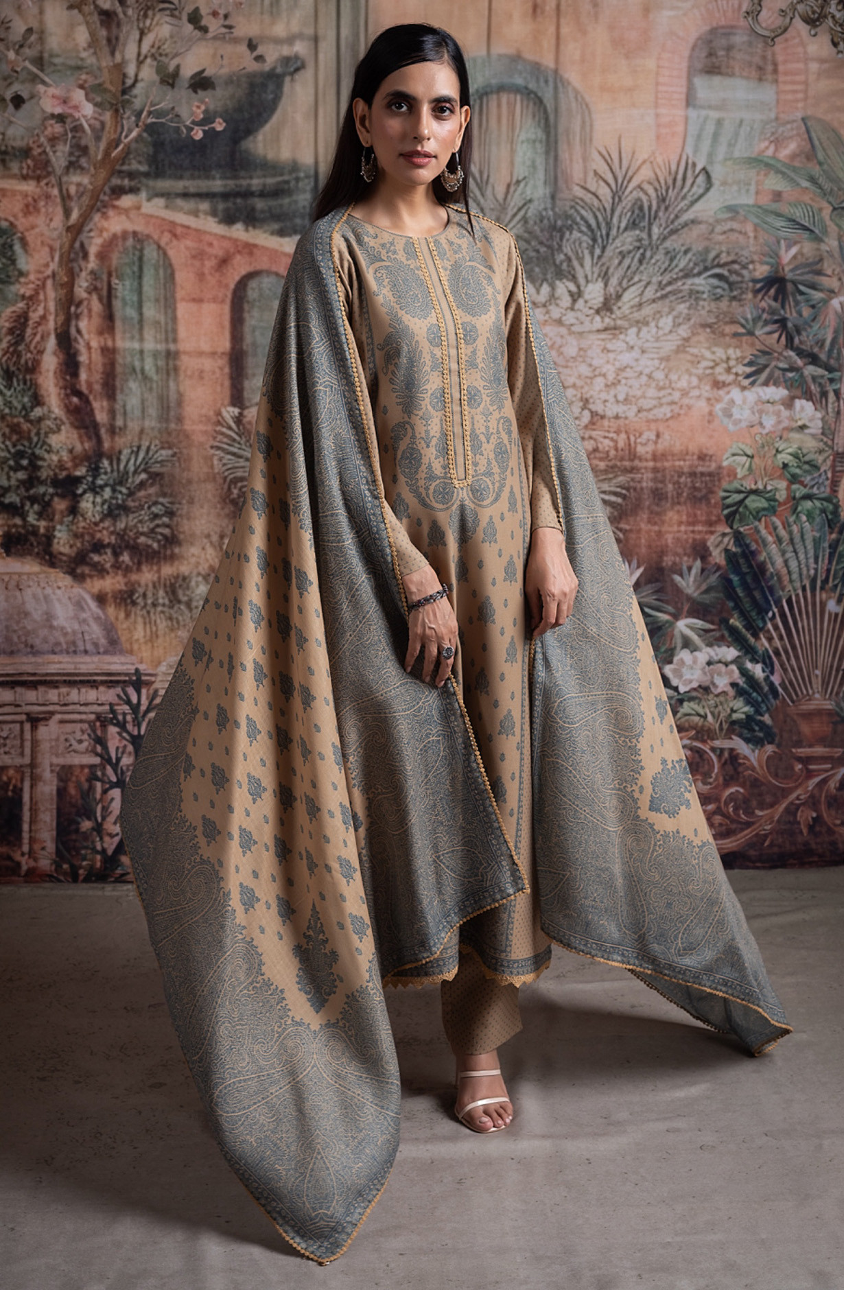 Mustard Pashmina Suit set with Pashmina Dupatta- SHA2097C