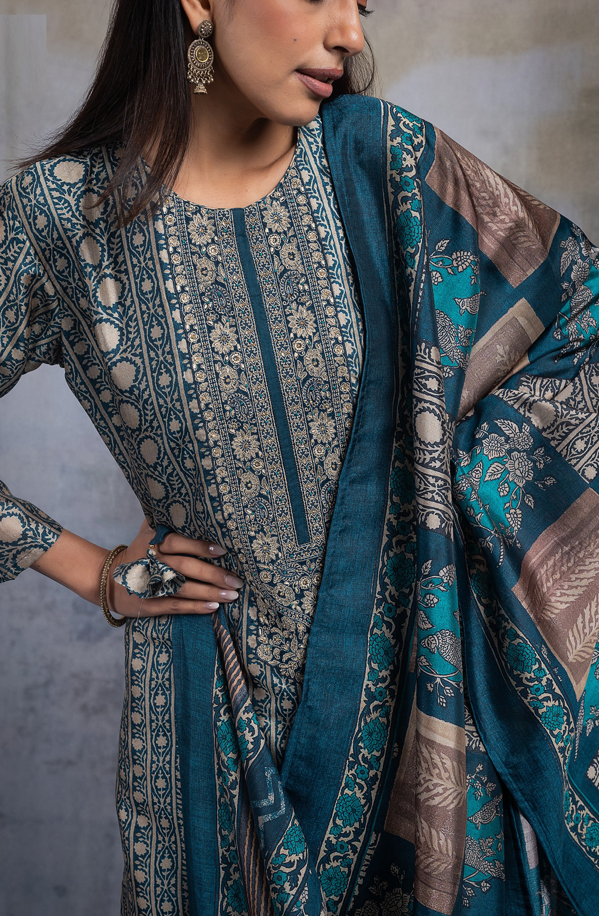 Blue Silk Embroidered Suit set with Dupatta - R157-SPR2607A