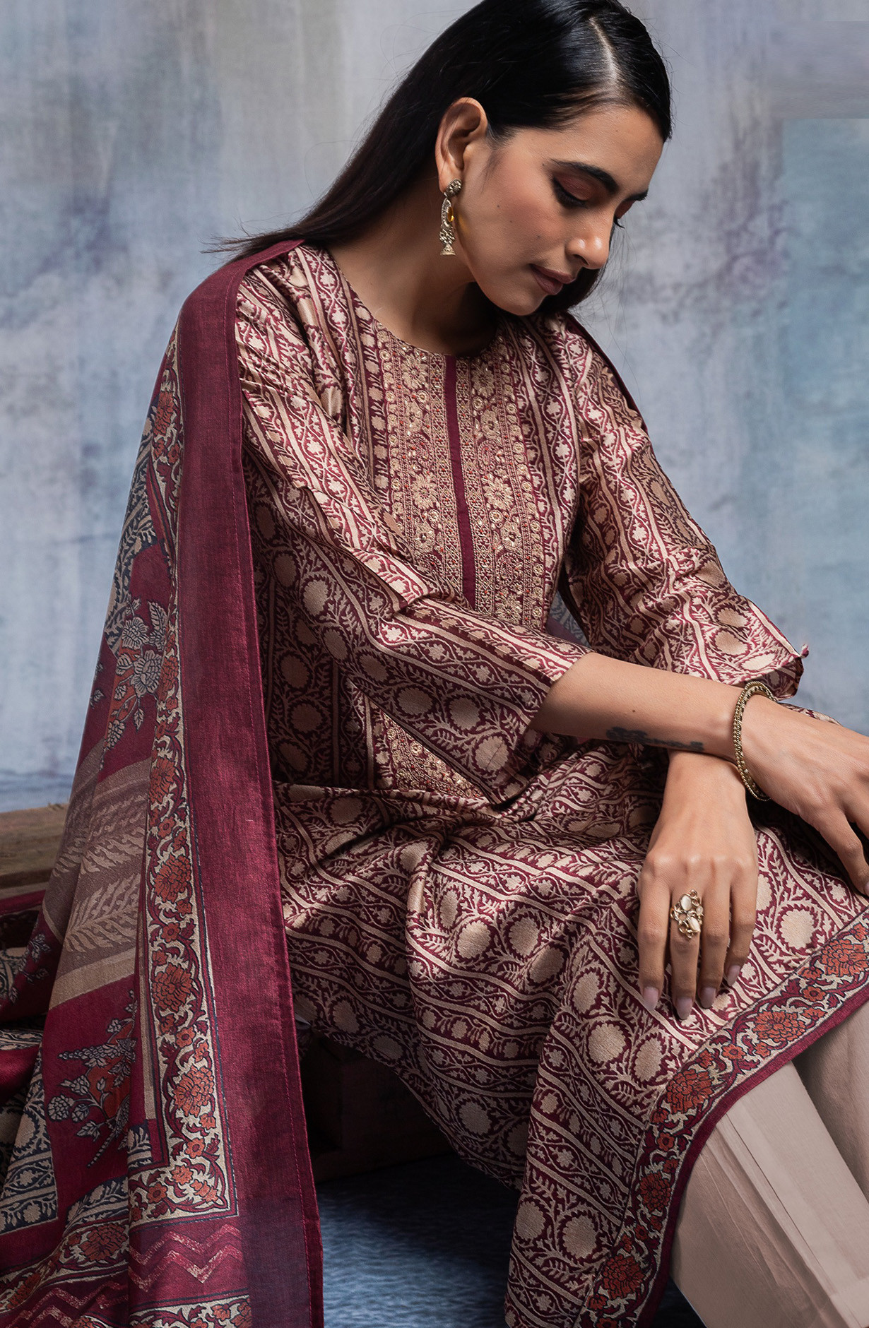 Maroon Silk Embroidered Suit set with Dupatta - R157-SPR2607B