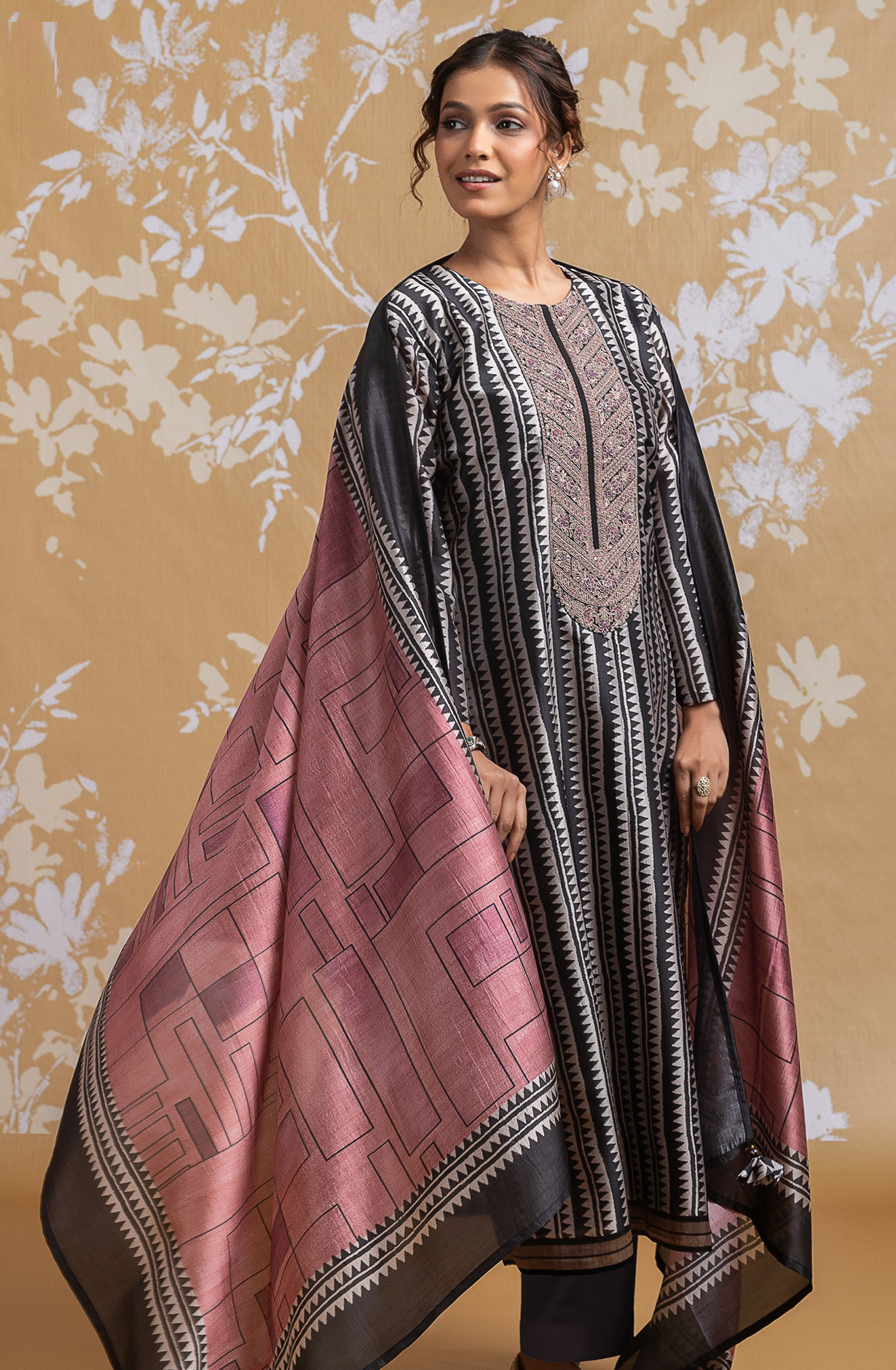 Black Silk Embroidered Suit set with Dupatta - R157-SPR2588A