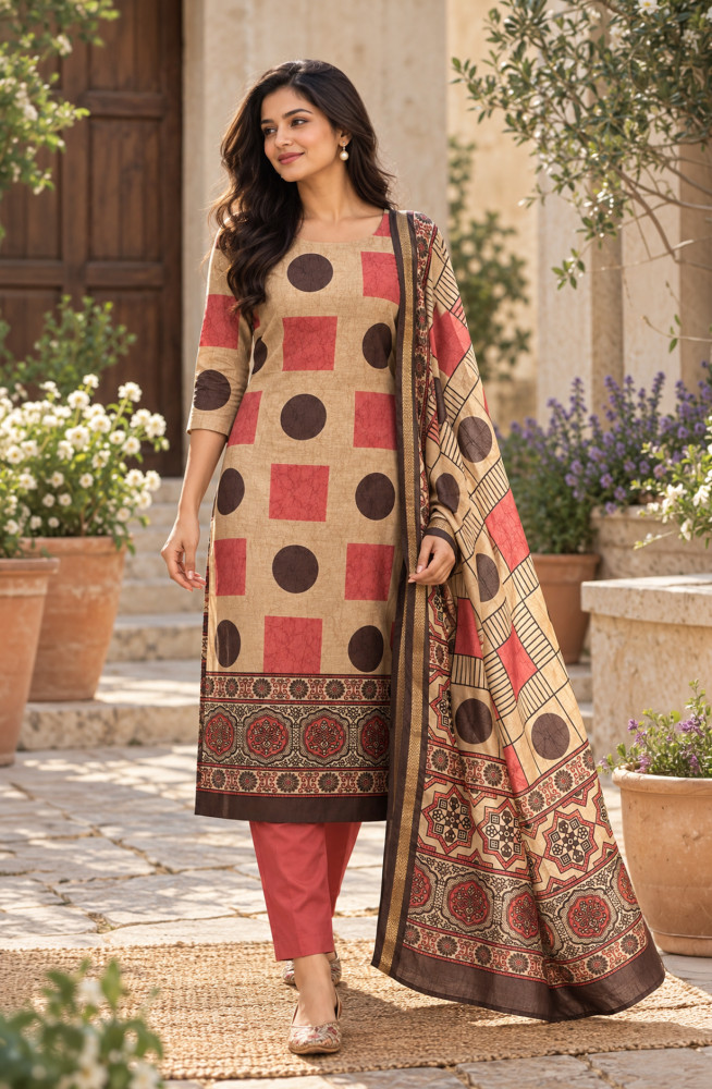 Image of Coffee Maheshwari Unstitched Suit-Set with Beautiful Dupatta - 1020-6868C