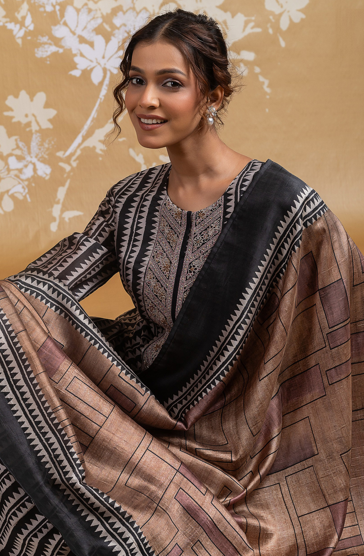 Brown Silk Embroidered Suit set with Dupatta - R157-SPR2588