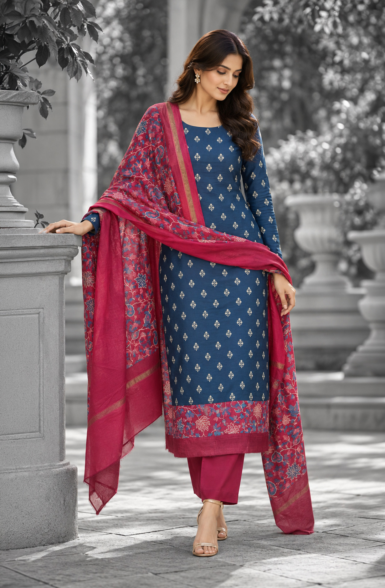 Blue Maheshwari Unstitched Suit-Set with Dupatta - 811-S151-445-133-2D