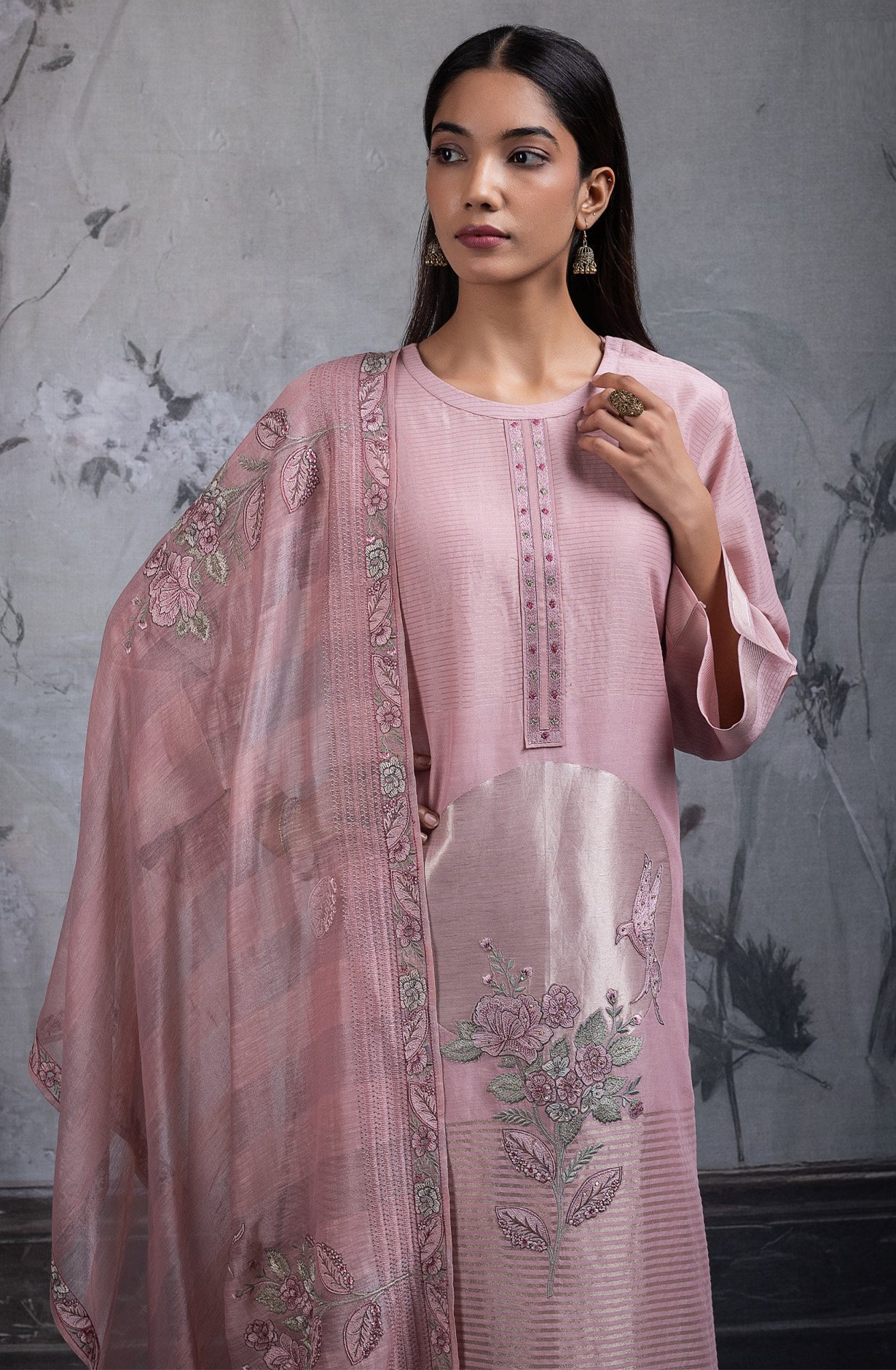 Peach Pure mul chanderi embroidered Suit Set with Dupatta - R157-SPR2697