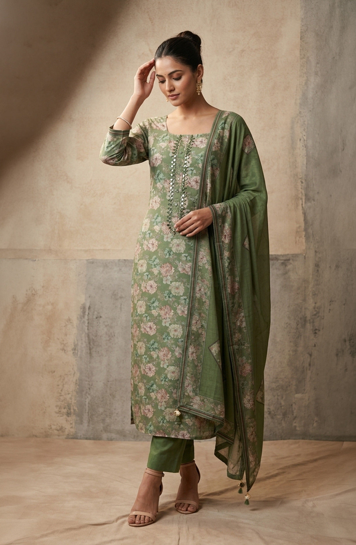 Green Muslin Unstitched Suit Set with Dupatta - 944-1788