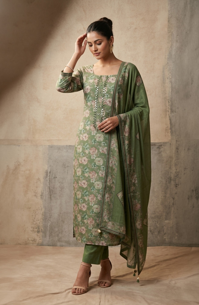 Image of Green Muslin Unstitched Suit Set with Dupatta - 944-1788