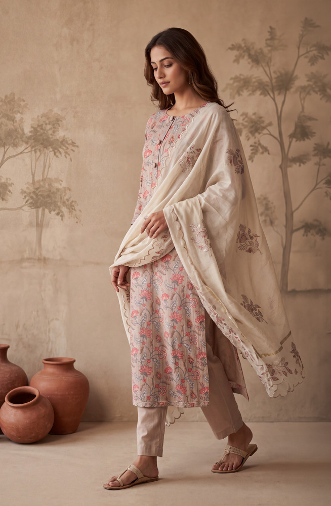 Image of Peach Silk Unstitched Suit Set with Beautiful Dupatta - 972-WETSL1103-2B