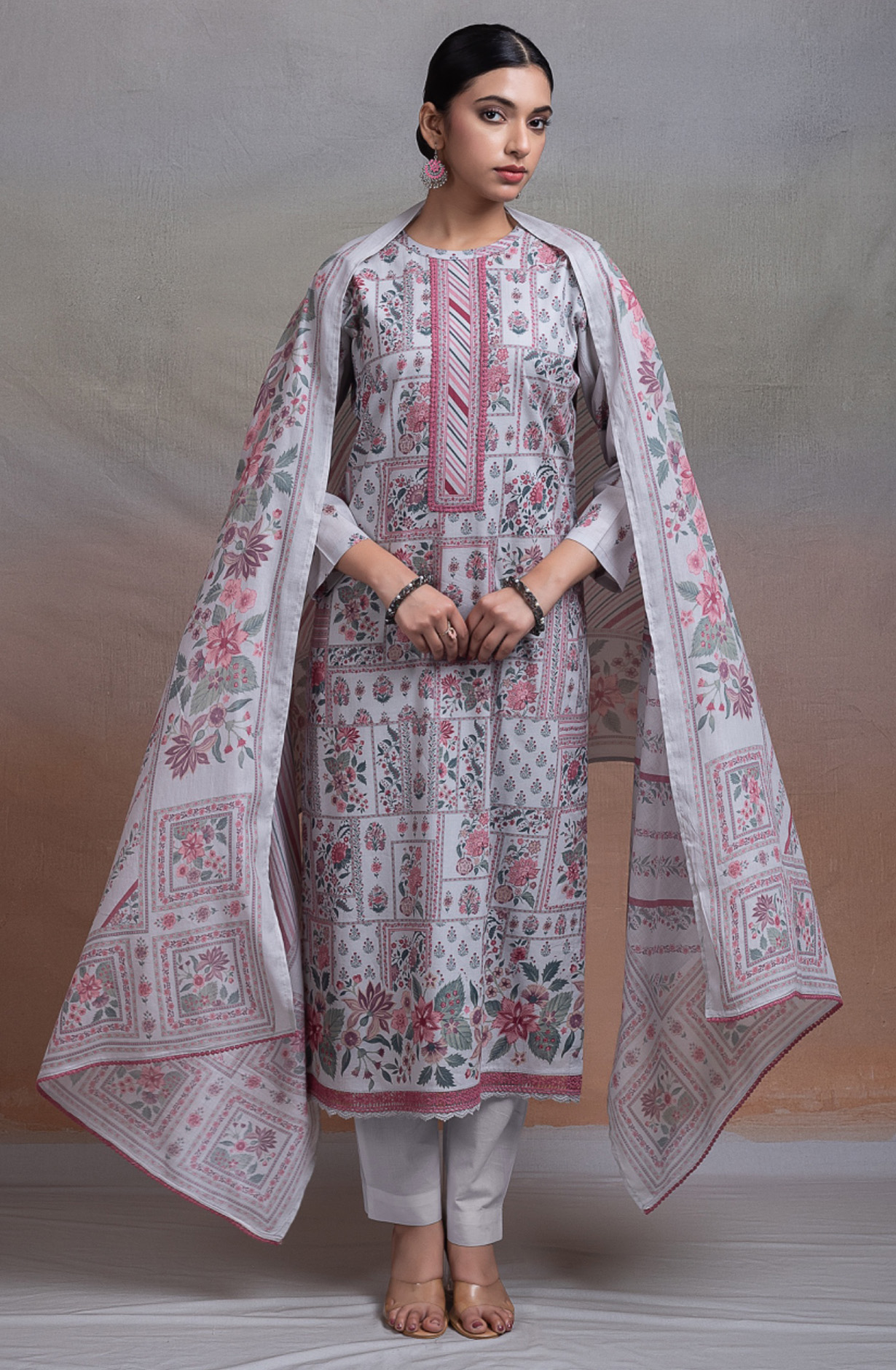 Grey Pure cotton lawn Unstitched Suit Set with Dupatta - TEENT167C