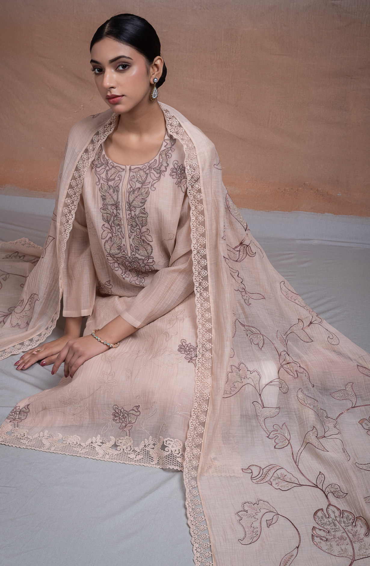 Beige Pure banarasi mul chanderi Suit Set with Dupatta - TOPNSP157A