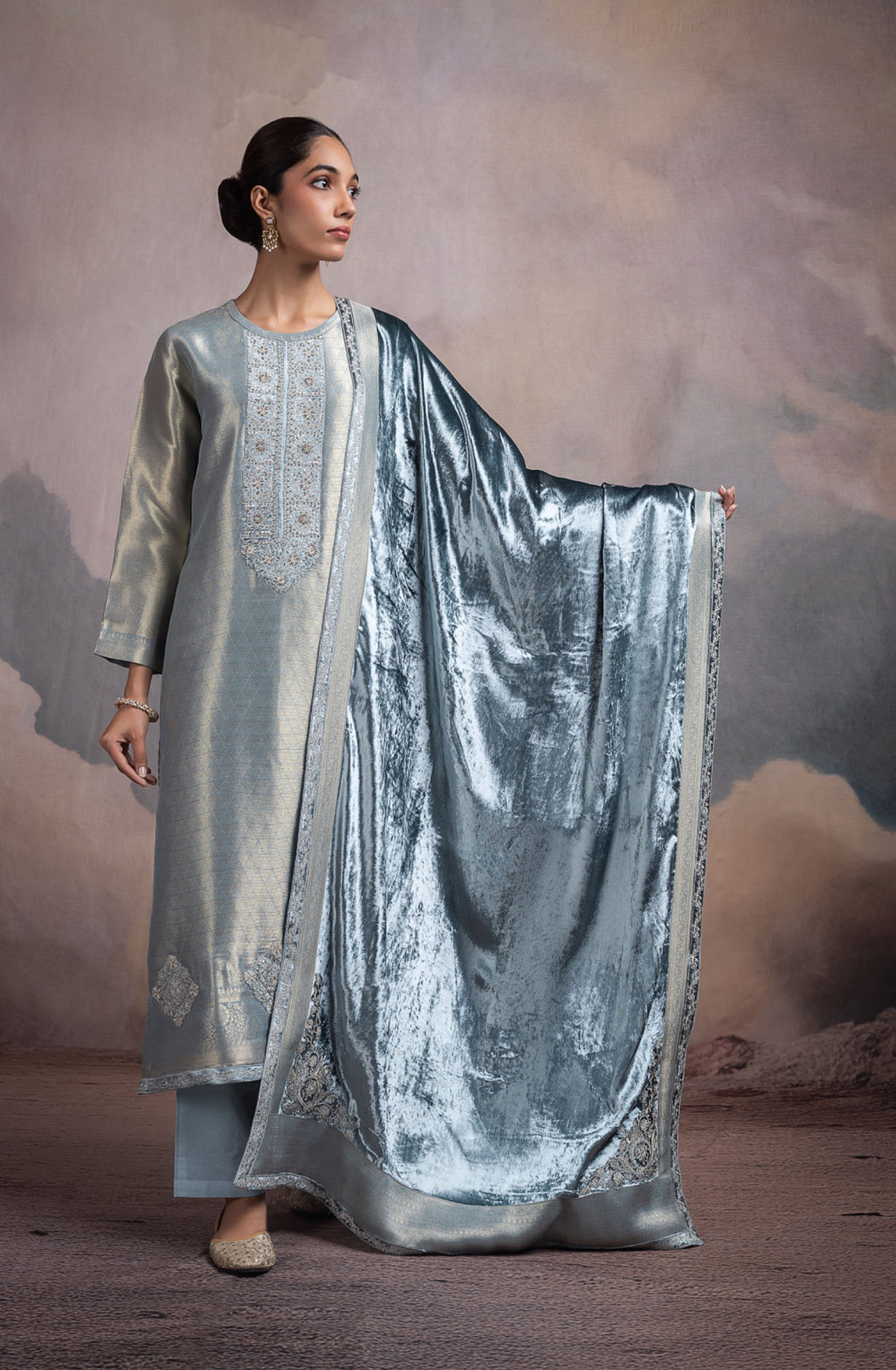 Blue Pure Silk Jacquard Suit Set with Velvet Dupatta - KAN2124C