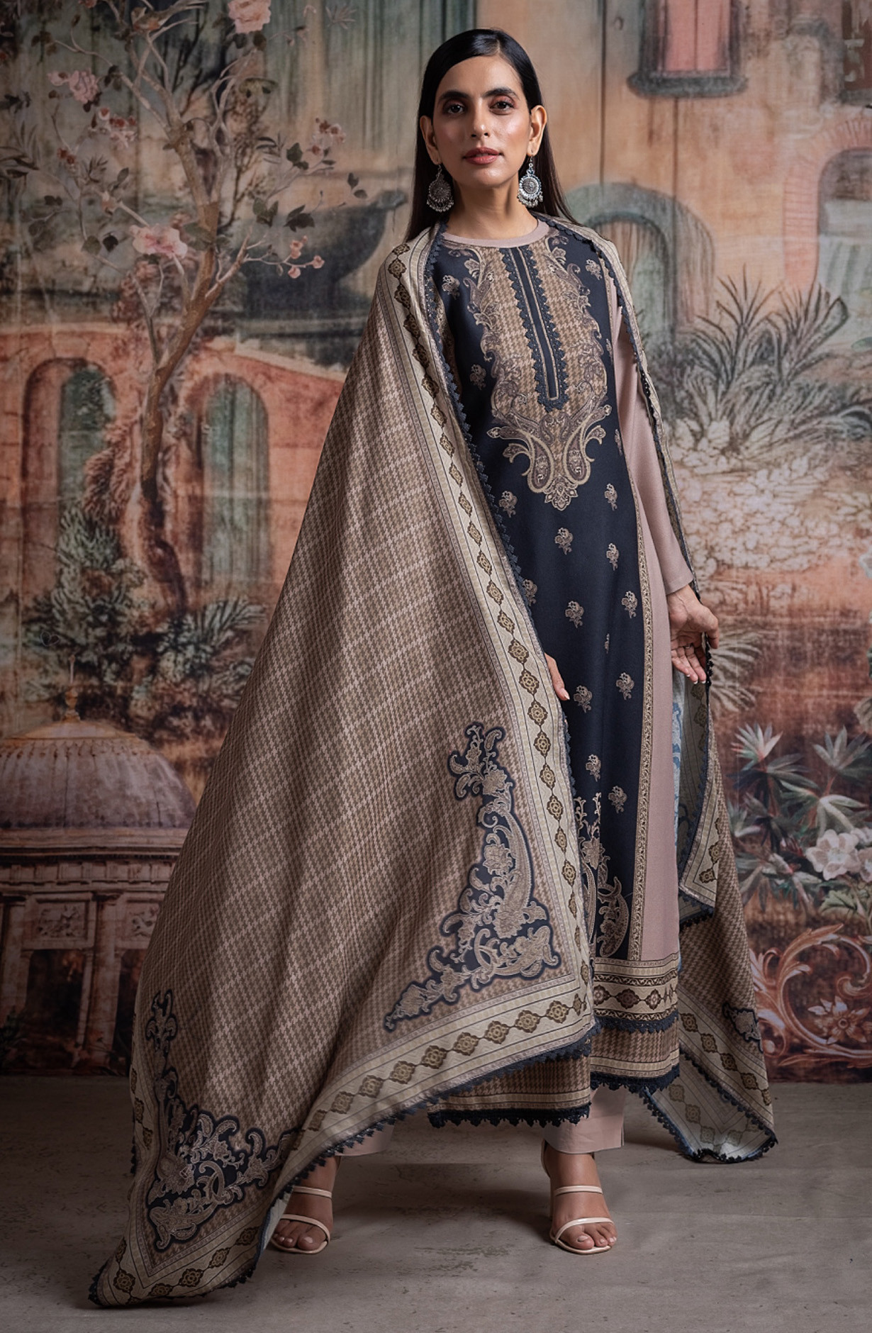 Coffee Pashmina Digital Printed Suit set with Dupatta- CHA2031B