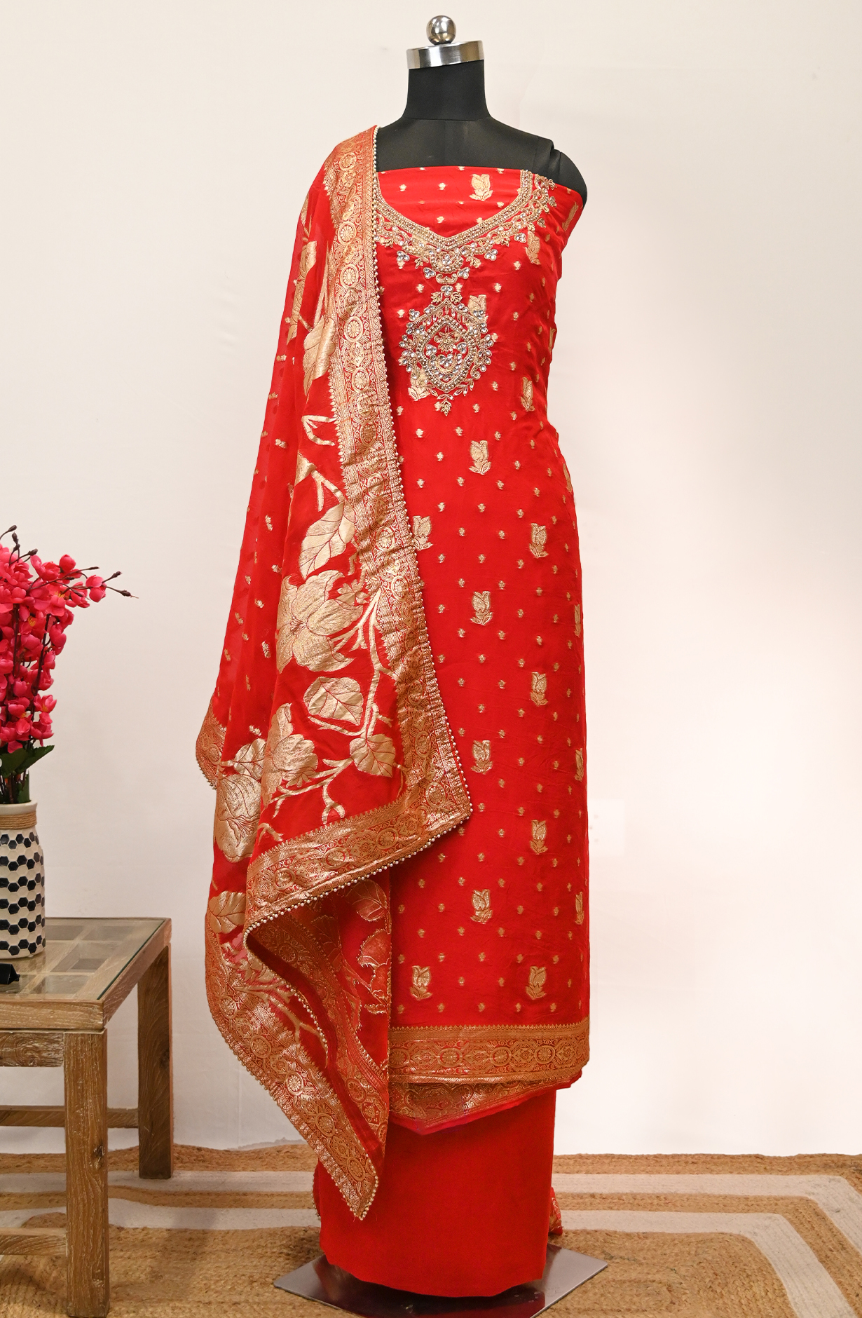Red Organza Banarsi Suit Set with Beautiful Dupatta - 693-JFJ971