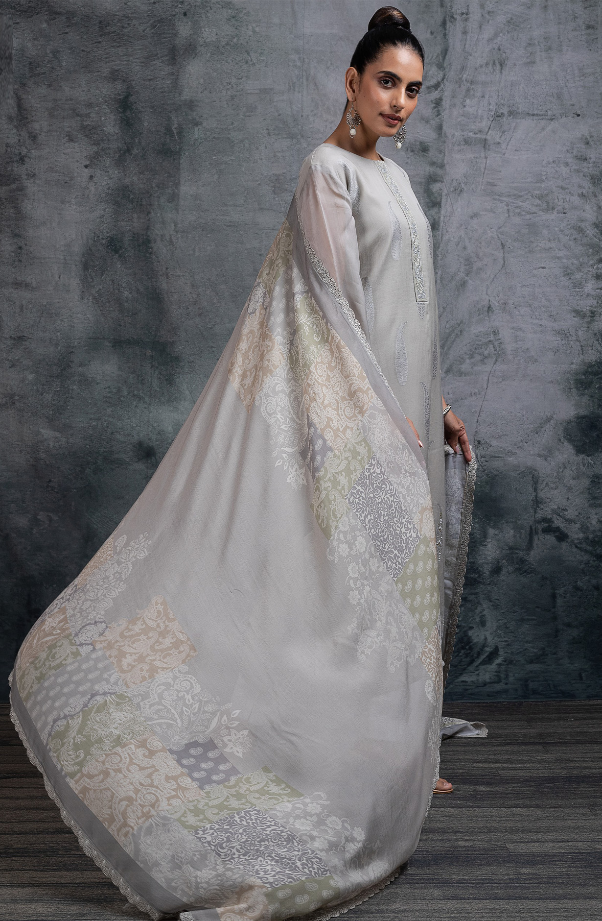 Grey Mul Chanderi Jacquard embroidered Suit Set with Dupatta - R157-SPR2661A