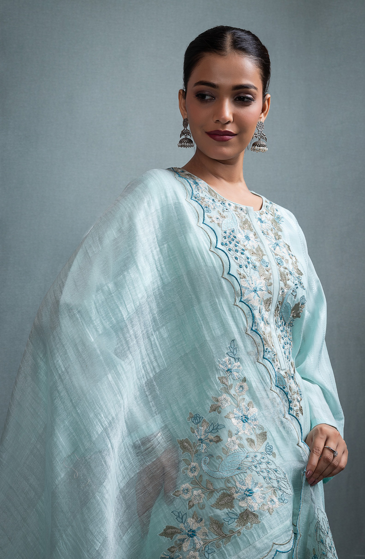 Blue Mul Chanderi Jacquard embroidered Suit Set with Dupatta - R157-SPR2694