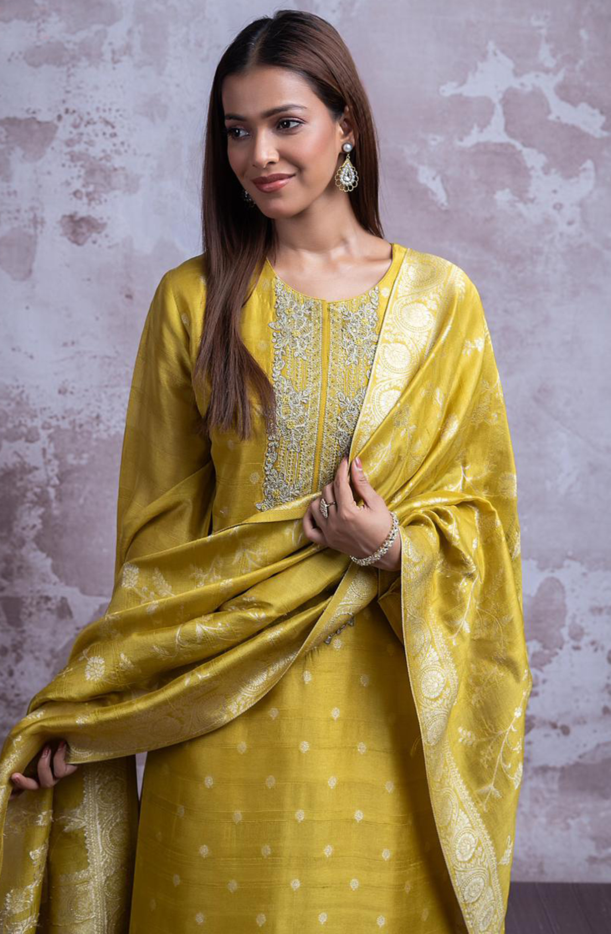 Yellow silk Jacquard Suit Set with Dupatta - R157-SPR2355A