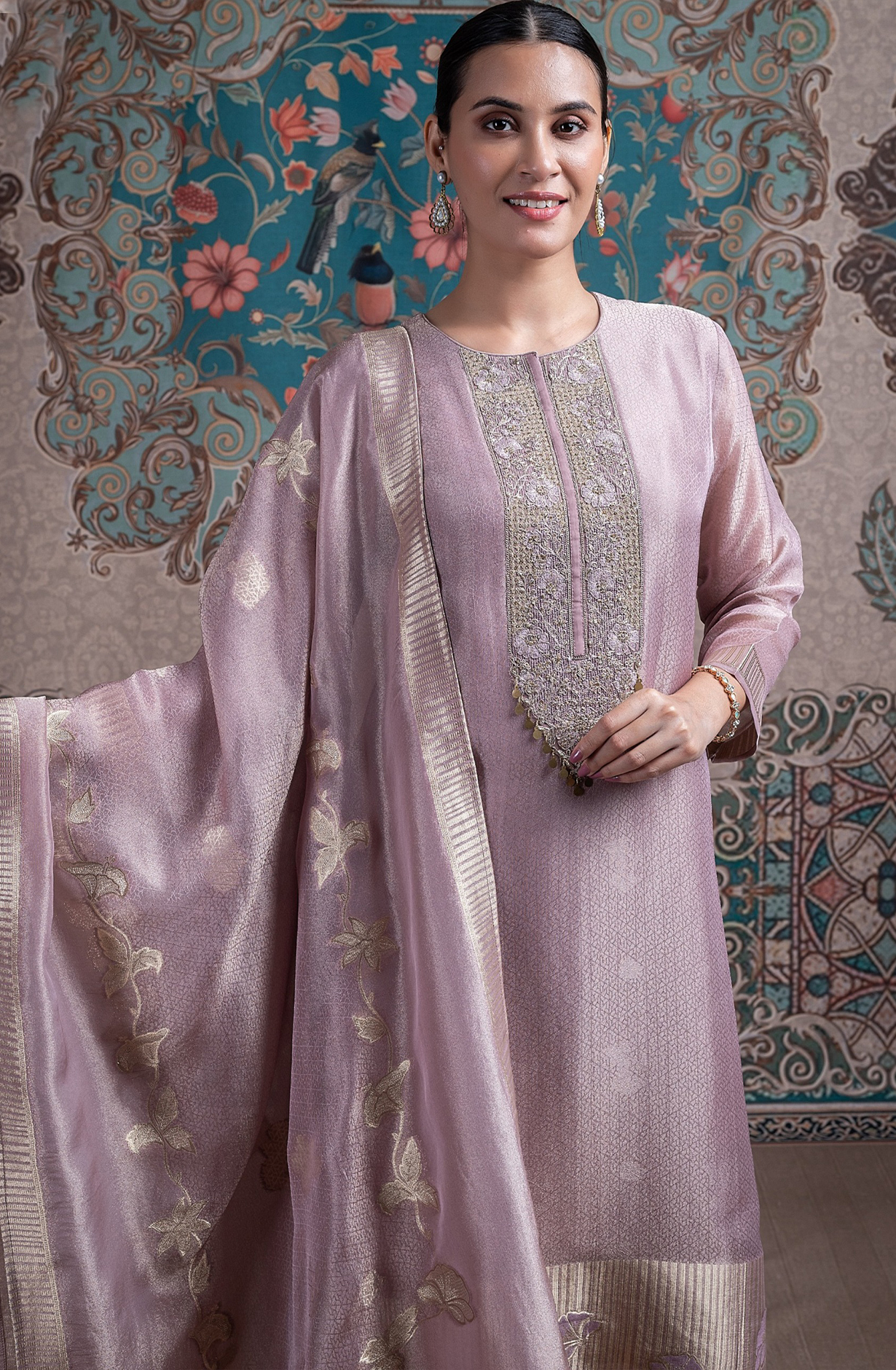 Mauve silk tissue Jacquard Suit Set with Dupatta - R157-SPR2357A