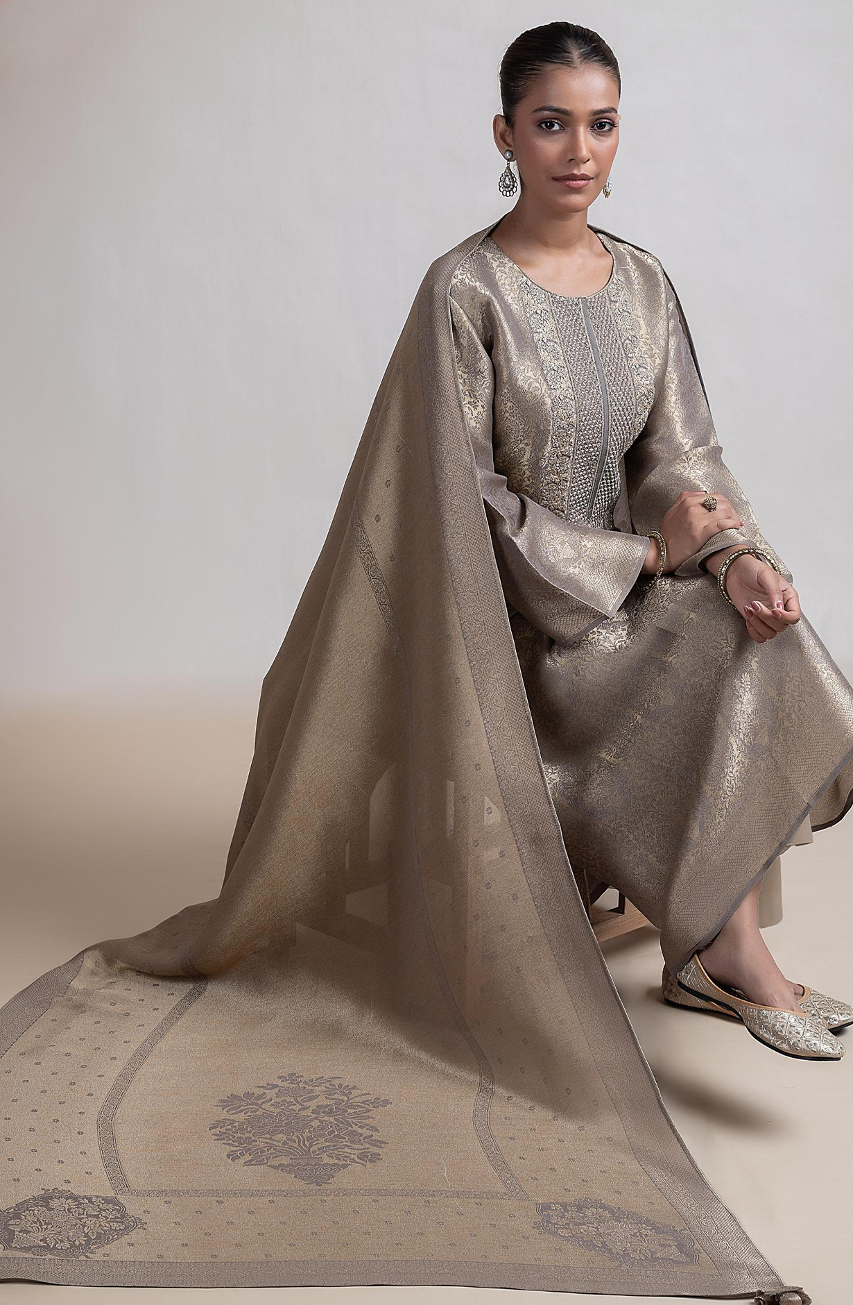 Golden silk tissue Jacquard Suit Set with Dupatta - R157-SPR2387A