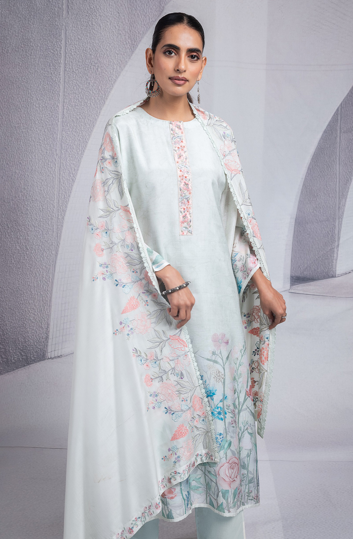 Sea Green Muslin Suit set with Dupatta - R157-SPR2598