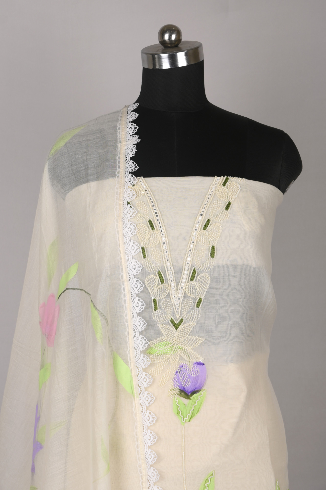 White Mul Cotton Beautiful Suit Set with Dupatta - 1001-AL1022B