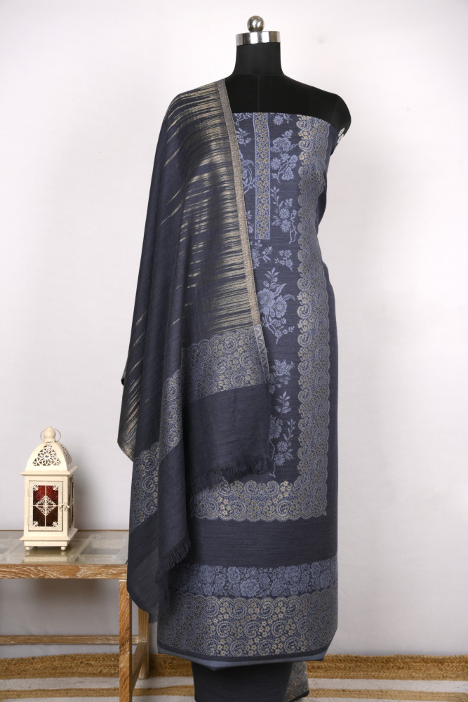 Image of Blue Pashmina Suit set with Pashmina Dupatta- PASH1414