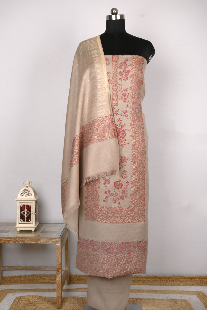 Image of Red Pashmina Suit set with Pashmina Dupatta- PASH1414A