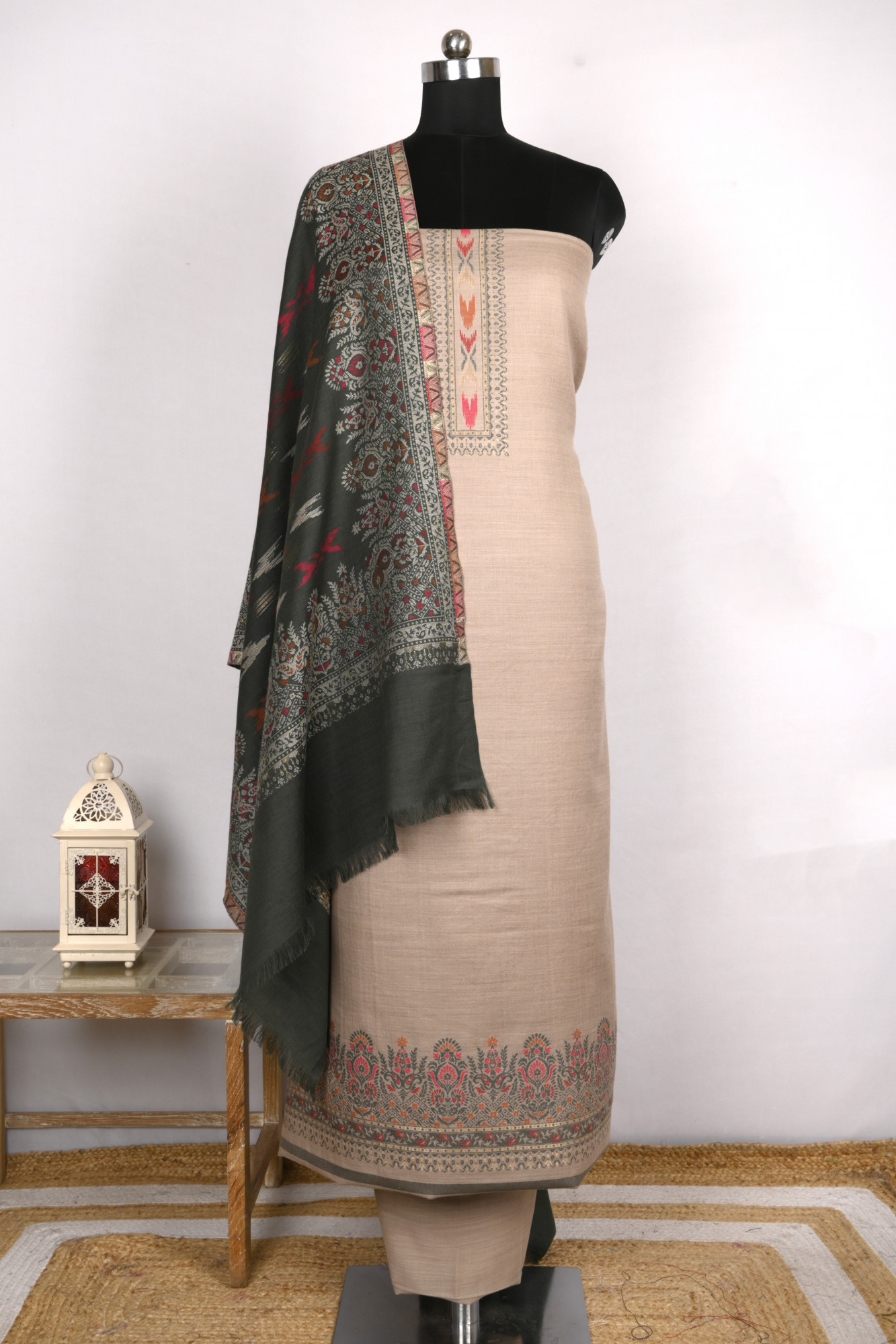 Beige Pashmina Suit set with Pashmina Dupatta- PASH1415