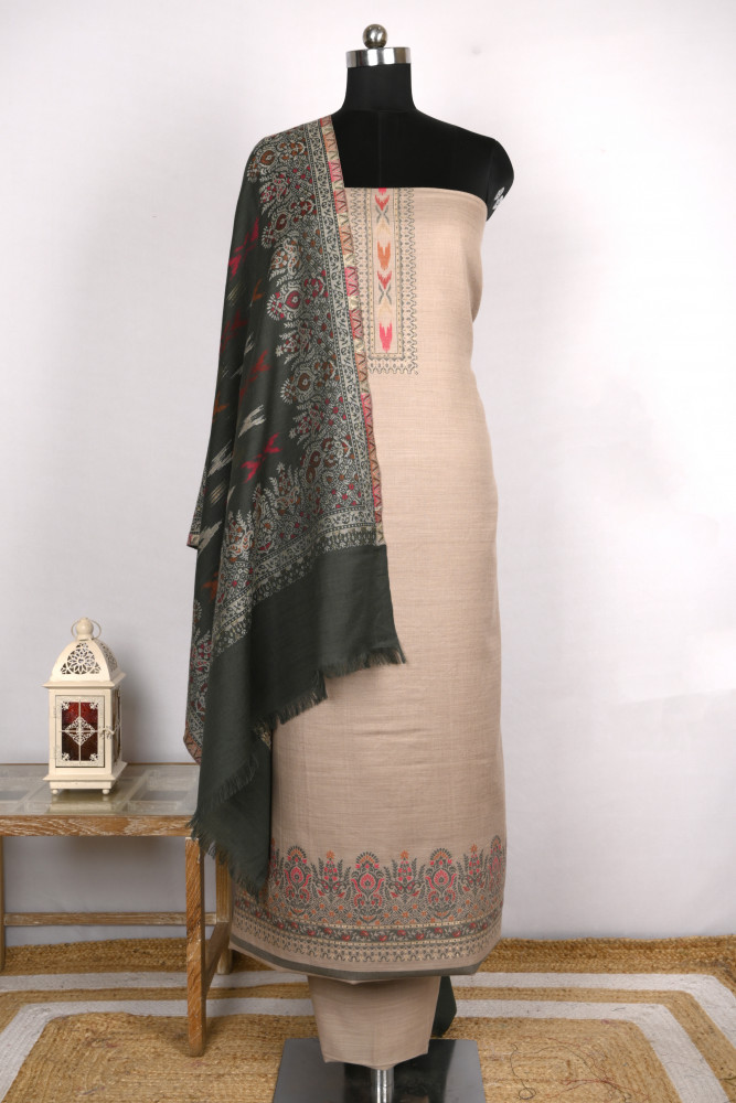 Image of Beige Pashmina Suit set with Pashmina Dupatta- PASH1415